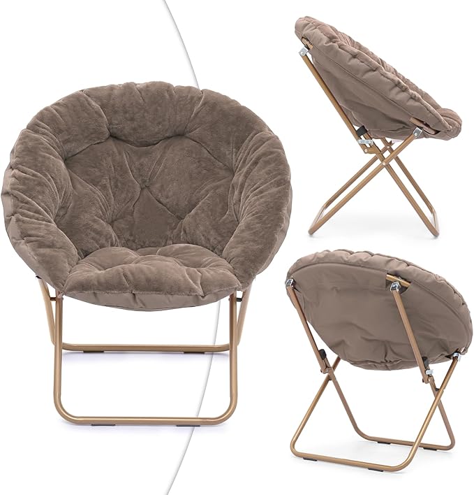 Magshion Folding Saucer Chair for Adults with Ottoman Circle Reading Chair for Bedroom Living Room &amp Dorm Furry Comfy Accent Seat with Metal Leg &amp Thick Padded for Small Spaces (Beige 1 Pa