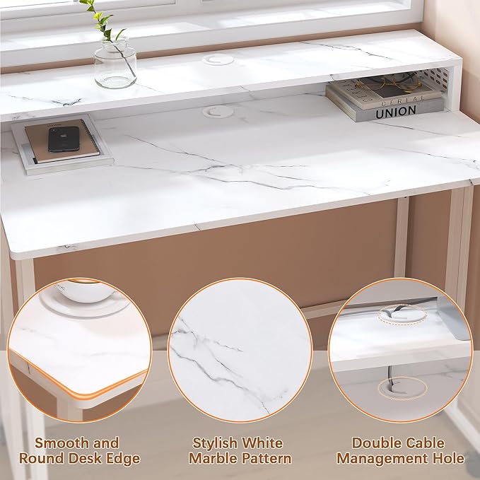 Gezen Folding Desk With Storage Shelf Small Rolling With Wheels Mobile Couch Sofa Side Table Bed for Home Office Small Space White Marble 39.4