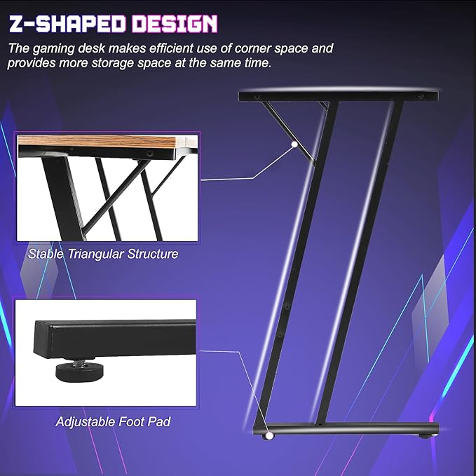 NChanmar L Shaped Gaming Desk with Monitor Riser Stand Home Office Corner Desk for Studying Working and Gaming Large Desktop Brown