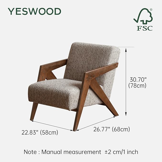 YESWOOD Solid Wood Reading Armchair Removable Washable Cover High-Resilience Foam Ergonomic Living Room Bedroom Balcony Chair (Grey)