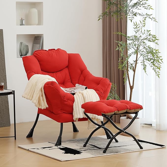 Lazy Chair with Ottoman Modern Accent Chair with Armrests and a Side Pocket Red Accent Chairs Comfortable Reading Chairs Oversized Armchairs for Bedroom Study Living Room Courtyard