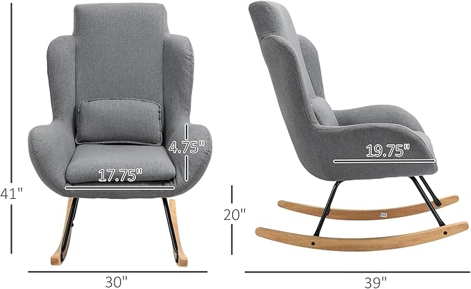 HOMCOM Modern Rocking Chair with Removable Lumbar Pillow Fabric Sofa Armchair with Thick Padding Metal Frame Wood Base for Living Room Light Grey