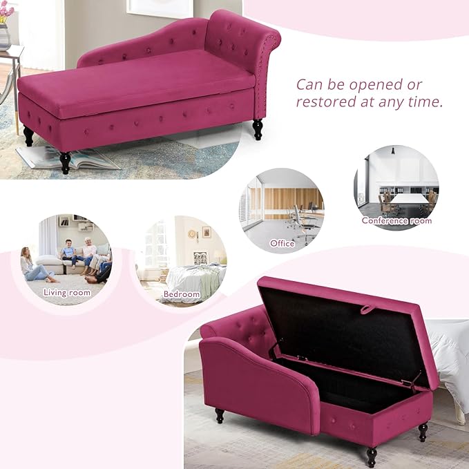 Upholstered Chaise Lounge with Right Armrest &amp Lumbar PillowButton Tufted Lounge Sofa with StorageLounge Chair IndoorModern Velvet Lounge Chair for Bedroom Living Room and OfficeFuchsia