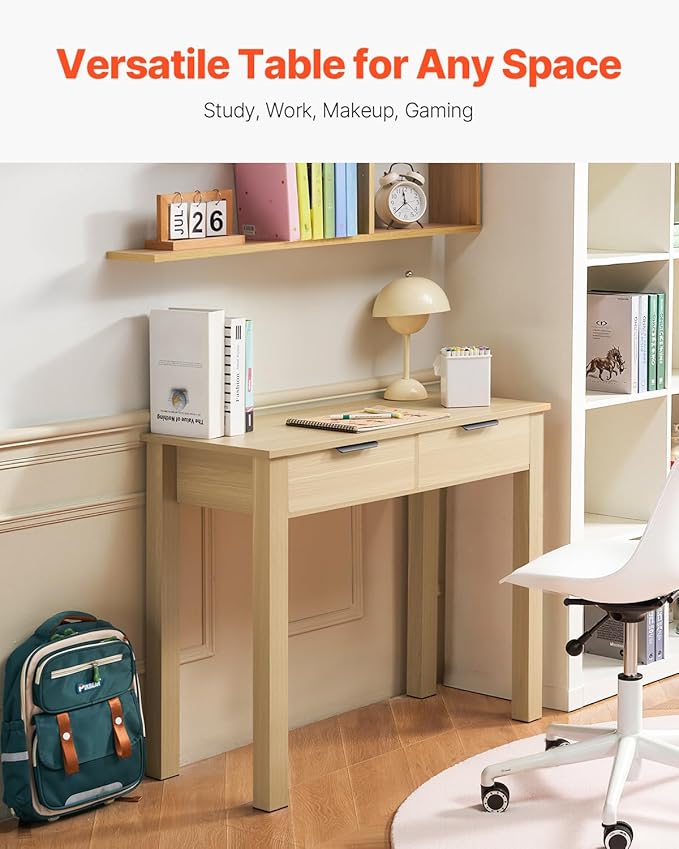 VEVOR Small Desk with Drawers Wooden Table for Home Office Small Computer Desk with Storage Vanity Desk with Drawers Study Table for Adults/Students for Drawing Reading Writing Light Wood