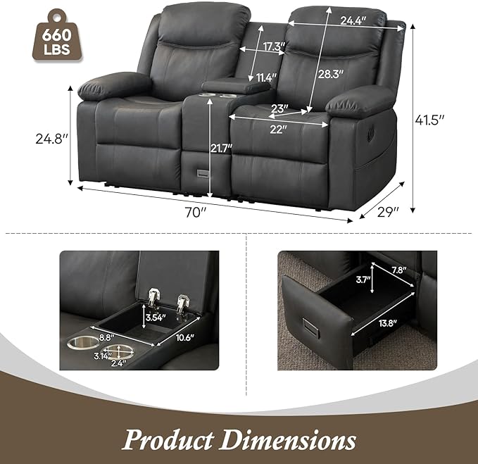 Loveseat Recliner Reclining Sofa with Console Double Reclining Couch 2 Seater Manual Massage Couch for Living Room Office Home Theater(PU-Grey)