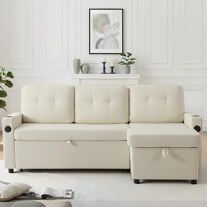 82 Pull Out Sofa BedL-Shape Modern Sleeper Sofa Upholstered Sectional Couch with USB Port and Side Pockets for Living Room and Guest Room (Beige)