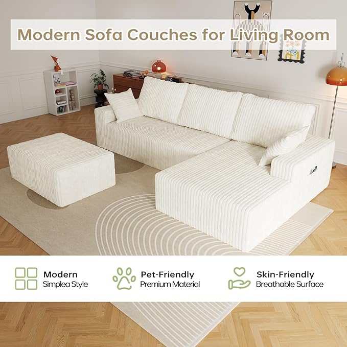 Cloud Sectional Couch with L-Shape Chaise4 Seat Modern Modular Sofa with Deep Seat (White Ottoman)