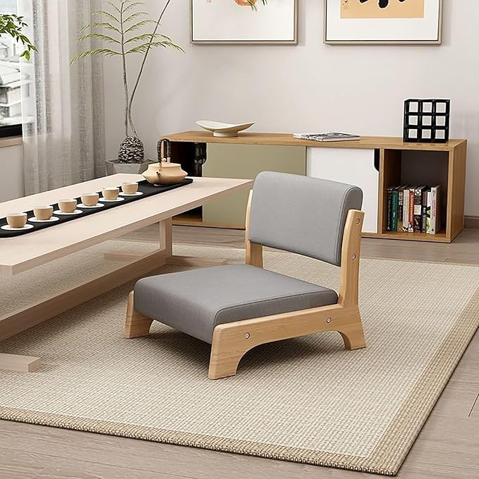 Japanese Floor Chair with Back SupportLow-Back Meditation Floor Seat with Soft CushionPortable Wood Armless Tatami Chair Meditation Living Room Bedroom Bay WindowReading