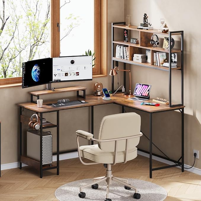 DEVAISE L Shaped Gaming Desk with Hutch Reversible Computer Desk with LED Light 3-Tier Shelves 2 AC+2 USB Outlet and Monitor Stand Corner Desk with Storage for Home Office (Rustic Brown 60 Inch)