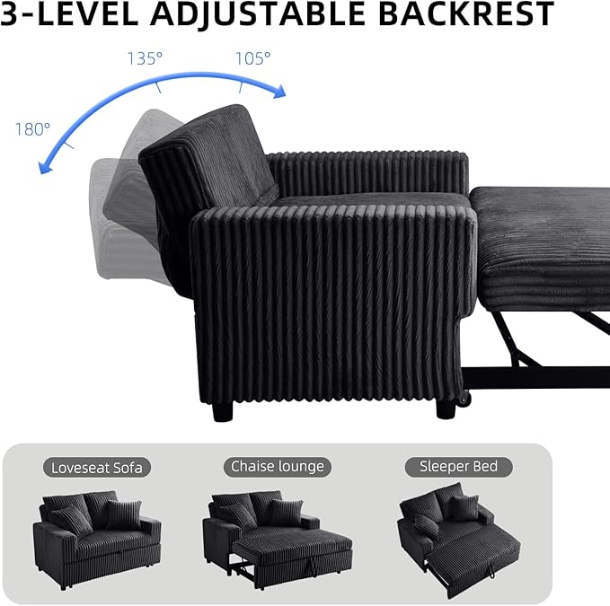 3 in 1 Convertible Sofa Bed52.8 Pull Out Couch with 2 Pillows and Side PocketsModern Corduroy Fabric Sleeper Loveseat with Adjustable Backrest for Living Room Bedroom Apartment (Black Corduroy)