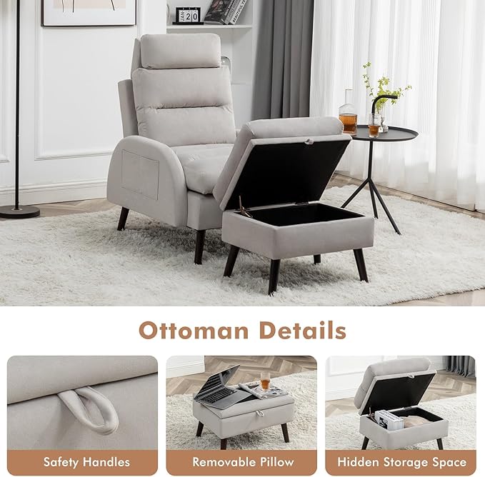 Accent Chair with Ottoman Comfy Reading Chair with Ottoman Set Modern Oversized Velvet Lounge Armchair with Adjustable Backrest for Living Room Bedroom (Grey)
