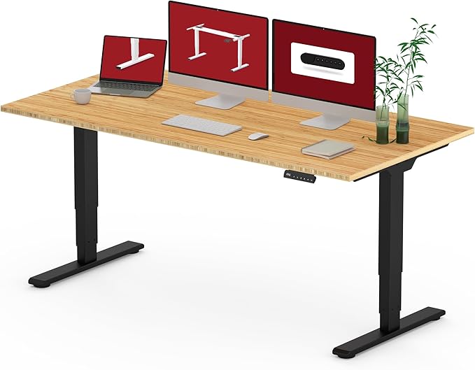 SANODESK Standing Desk with Dual Motor 3-Stage Lifting Column Handset with 3 Preset and Sit-Stand Reminder - 60 inch Whole Piece Real Bamboo/Black Frame Height Adjustable Desk for Home and Office