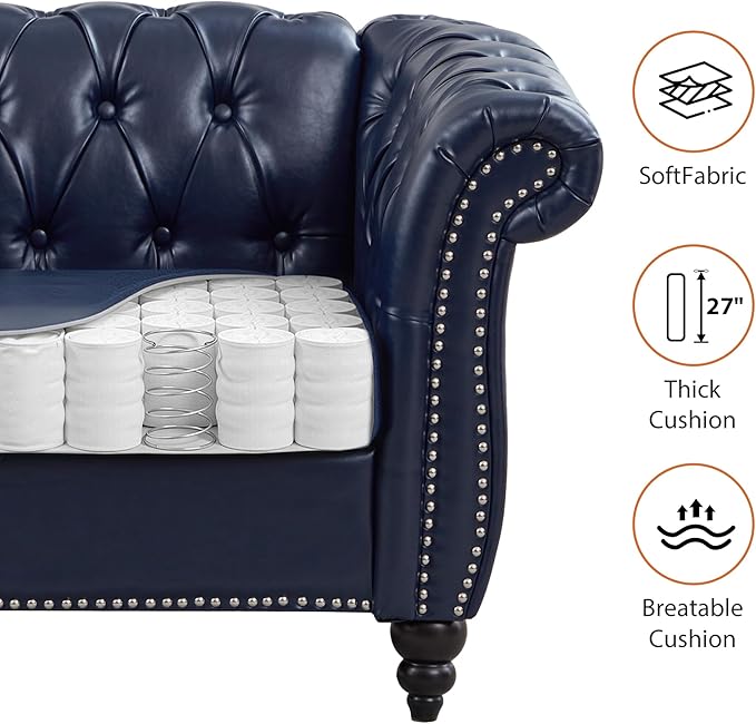 AVZEAR Leather Upholstered Armchair Single Sofa Chair with Rolled Arms and Nailhead Mid-Century Modern Tufted PU Chesterfield Chair for Living Room Bedroom Office Apartment PU Blue
