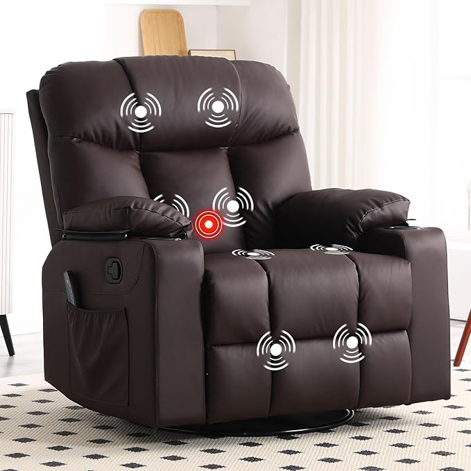 Bonzy Home Swivel Rocker Recliner with Heating and Massage 40 Manual Rocker Recliner Chair PU Leather Single Sofa with 2 Cup Holders for Living Room Bedroom Brown