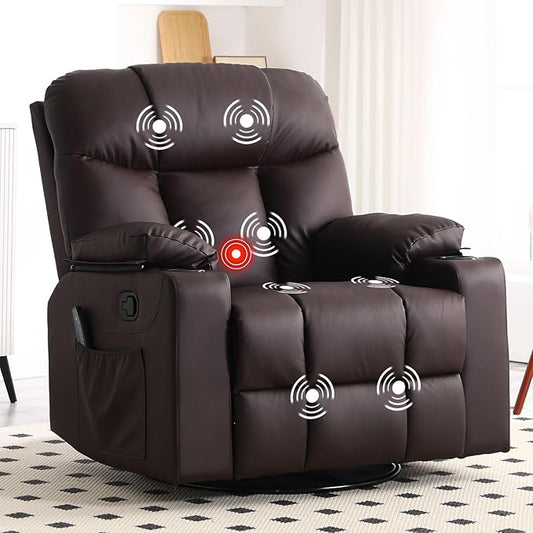 Bonzy Home Swivel Rocker Recliner with Heating and Massage 40 Manual Rocker Recliner Chair PU Leather Single Sofa with 2 Cup Holders for Living Room Bedroom Brown