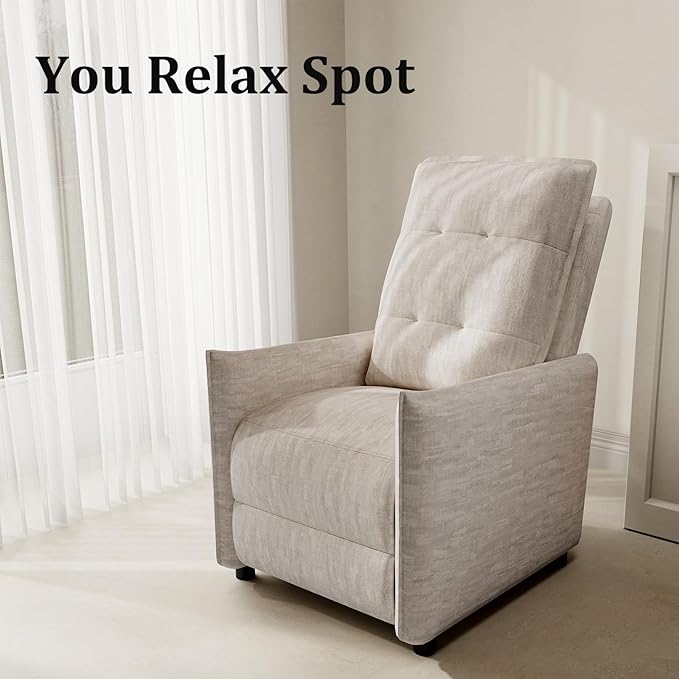 Chenille Fabric Recliner Chair for Adults - Manual Push Back Reclining Sofa with Sturdy Metal Frame Overstuffed High-Density Foam Adjustable Footrest for Living Room Home Theater (Beige)