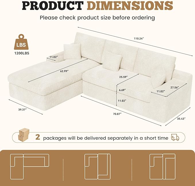 112 Modular Sectional Sofa for Living Room Convertible L-Shape Couch with OttomanCloud Boneless Couch with Layered CushionBeige Corduroy