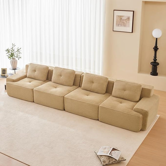 153 Modern Corduroy Cloud Sofa Boneless Modular Large Sectional Couches for Living Room Camel 4 Seater Compressed Memory Foam Couch Extra Deep Seat No Assembly