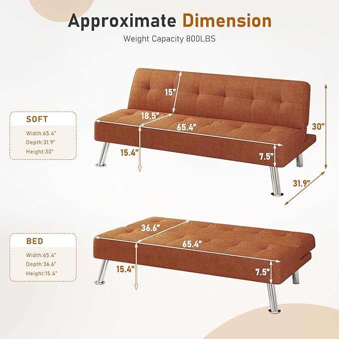 Furnimart Futon Sofa Bed 66 Corduroy Convertible Futon Couch with 3-Position Adjustable Backrest Solid Wood Frame Sleeper Sofa for Small Space Living Room Apartment Office Burnt Orange