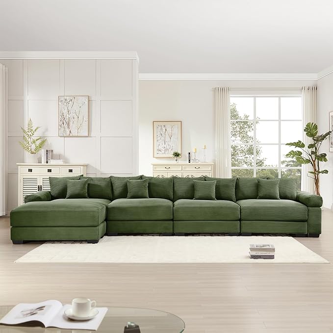168 Corduroy Sectional Couches for Living Room Green Comfortable Oversized Sectional Sofa Set with Deep Seat Large 4 Seater with 1 Ottoman Sofas para Sala L Shaped Couch with Chaise Lounge