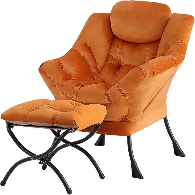 Tiita Lazy Chair with Ottoman Orange Modern Large Accent Armchair Comfy Leisure Sofa Reading Chair with Footrest for Bedroom Living Room Dorm Rooms Garden Velvet Orange