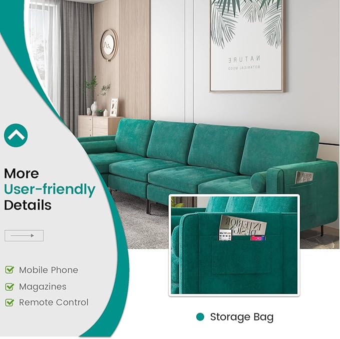 Giantex 128 Extra-Large 4 Seat Sofa Sectional Couch with USB Ports 3-Hole Socket Storage Box Magazine Pocket L-Shape Modular Sleeper w/Convertible Chaise Lounge Bolsters Family Living Room
