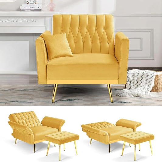 Velvet Accent Chair with Adjustable Backrest and Armrests Single Recliner Armchair with Ottoman and Golden Mental Legs for Living Room Bedroom and Waiting Room Yellow