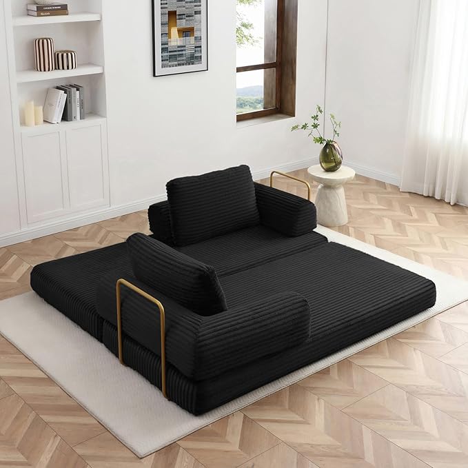 Convertible Folding Sofa Bed Modern Futon Sleeper Sofa Fold Out Couch Bed with Gold Fixed Frame Modular Floor Sofas Comfy Corduroy Boneless Couches for Living Room (80 Black)