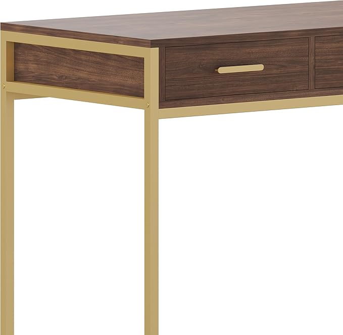 Martha Stewart Ollie Home Office Desk with 3 Drawers in Walnut Wood Grain with Polished Brass Hardware
