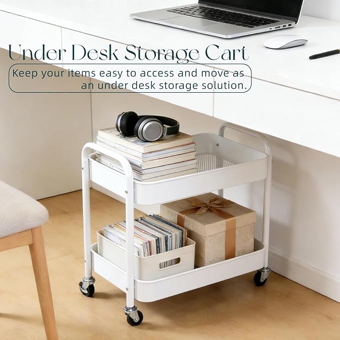 2 Tier Metal Rolling Cart with Wheels for Under Desk Storage &amp Pantry Storage High Load-Bearing Kitchen Utility Cart for Small Space Laundry Room Organization Side Table with 4 Hooks White