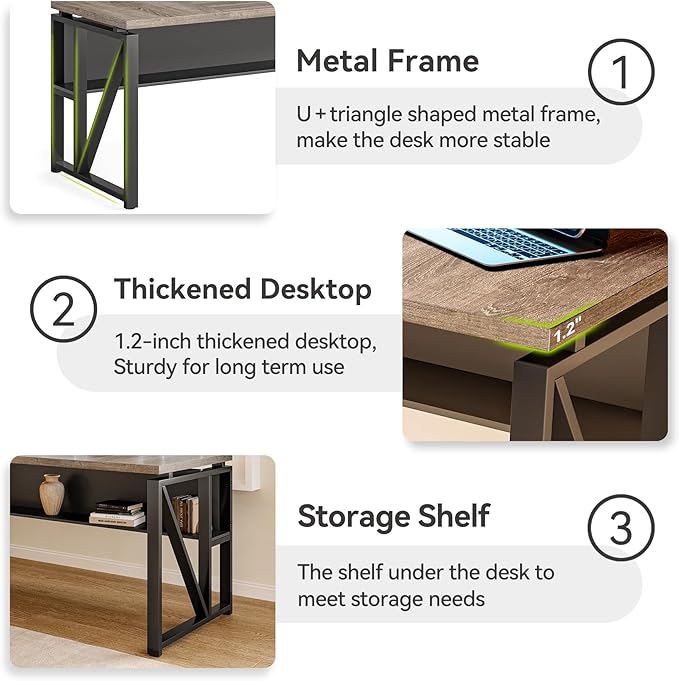 LITTLE TREE 63-Inch Executive Office Desk Large Computer Desk with Storage Shelf Executive Desk with Metal Frame Study Writing Desk Work Station for Home Office Grey + Black