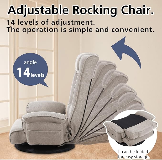 FLOGUOR 360 Degree Swivle Adjustable Floor Chair Chaise Lounge Indoor Folding Lazy Sofa with Armrests and Side Pocket Adults Gaming Chairs for Living Room Bedroom Factory Price 201 (BE)