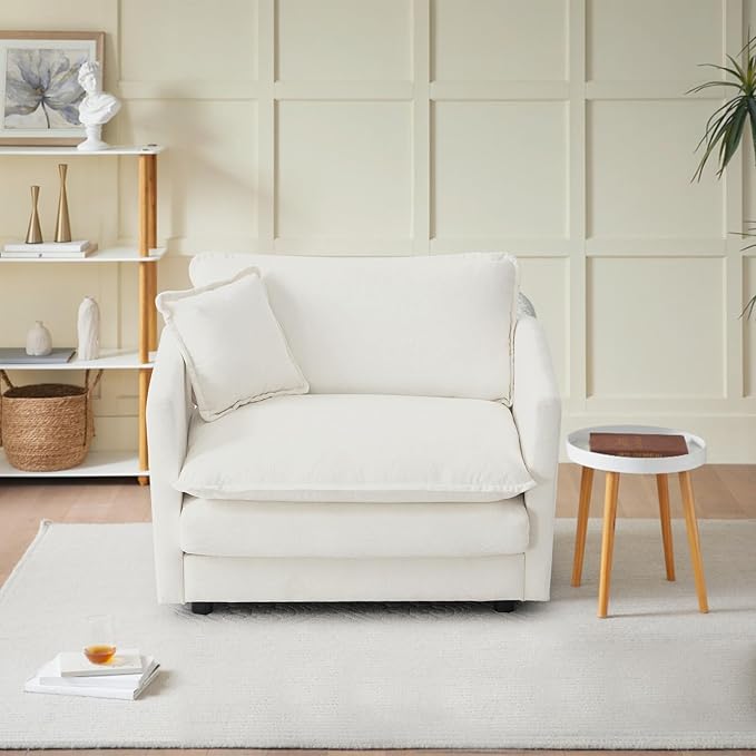 Single Accent Chair Sofa Chenille Fabric Reading Chair Single Sofa Couch with Pillow for Living Room Apartment Office(White)