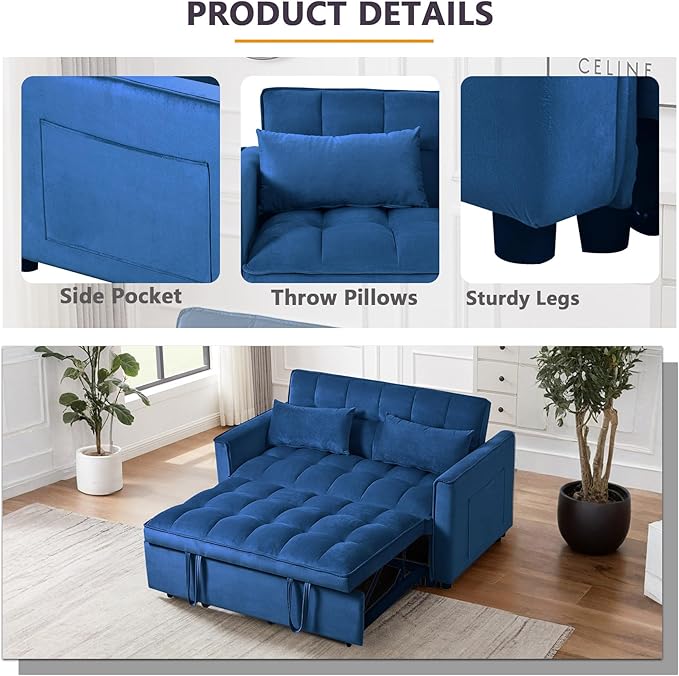 3 in 1 Pull Out Couch Bed Convertible Futon Sofa Bed Velvet Sleeper Loveseat for Small Living Room Adjustable Backrest Comfy Pillows Side Pocket (Blue)
