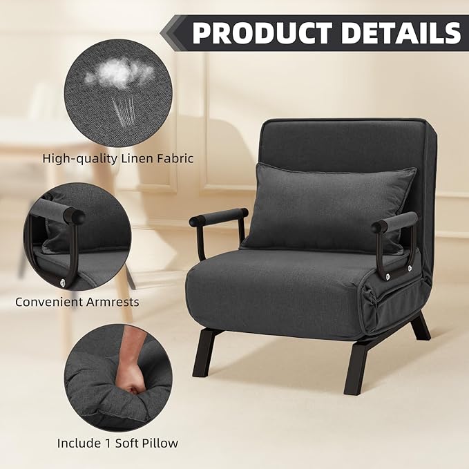 Folding Sofa Bed Sleeper Chair3-in-1 Single Convertible Sofa with Adjustable BackrestLazy Bed Leisure Recliner with PillowTri-fold Upholstered Armchair (Dark Gray Large)