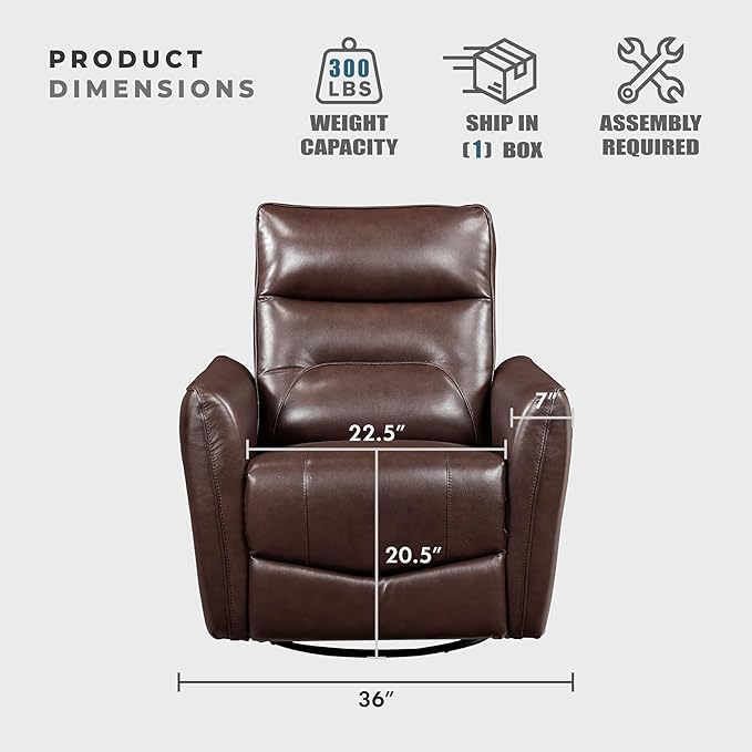 Lexicon Swivel Glider Reclining Chair Top Grain Leather Match Manual Recliner Comfy Nursery Glider Recliner Swivel Reclining Chair for Living Room/Office/Bedroom/Apartment Brown