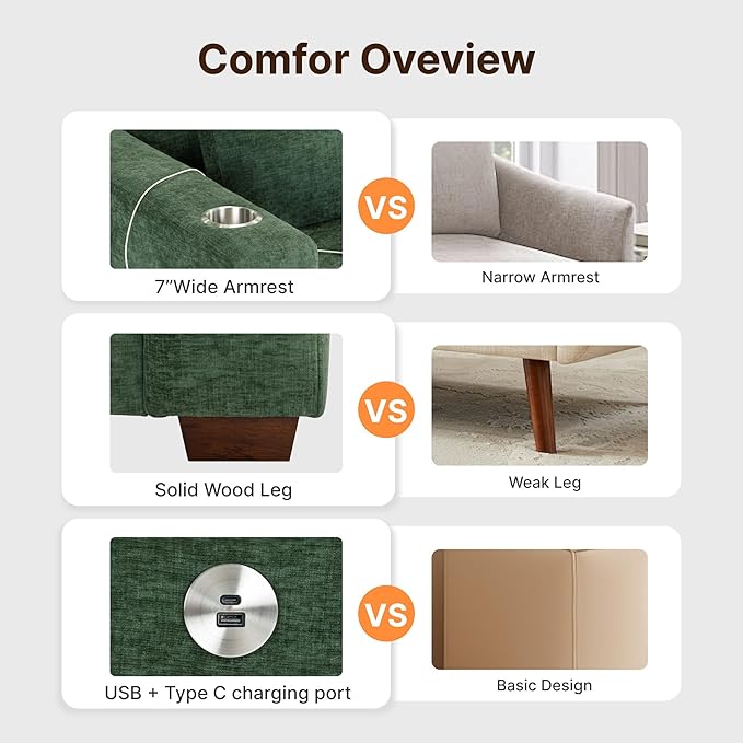 89 Sofa Couch for Living Room Chenille Upholstered Couch with Deep Seats and Wide Armrests 3 Seater Comfy Sofa with Cup Holders USB &amp Type-C Ports Spring Cushion Solid Wood Frame Green