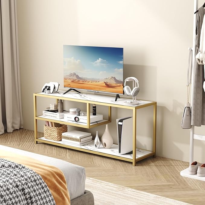 Function Home TV Stand for TVs up to 55 Inch 3 Tier Entertainment Center Media Console with Open Storage Shelves for Living Room Bedroom 47” Modern TV Table with Faux Marble Top Gold Metal Leg