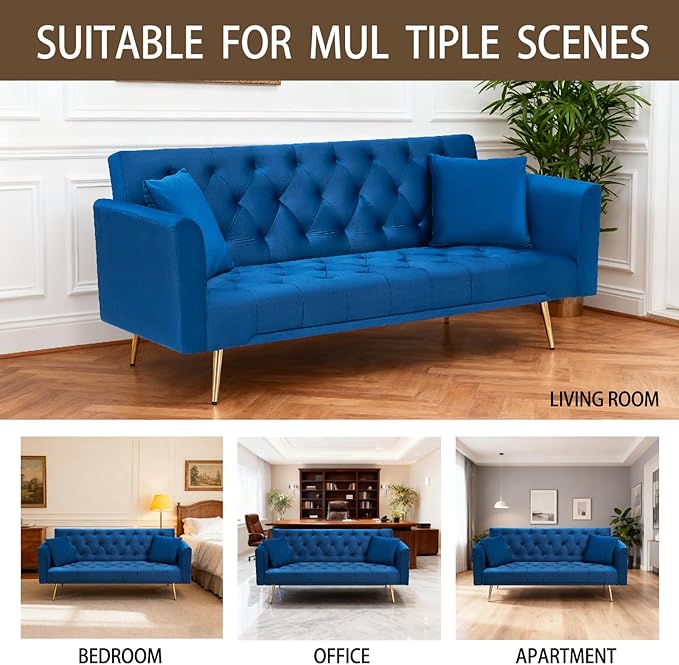71 Velvet Futon Sofa Bed Convertible Sleeper Couch with 2 Pillows - Modern Loveseat Small Sofa 3-Angle Adjustable Backrest Golden Metal Legs for Living Room Bedroom Apartment Easy Assembly (Blue)
