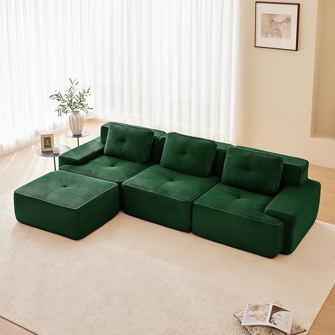 Modern Boneless Couches for Living Room Corduroy Cloud Couch Sectional with Deep Seat Green Modular Sectional Sofa Couch for Living Room Sofas para Sala (Green Ottoman)