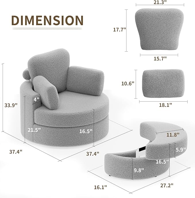 MEISSALIVVE Swivel Accent Chair - Swivel Chair with Ottoman Cuddle Round Lounge Sofa with Pillow 360° Rotating Barrel Sofa Chairs for Living Room (Grey)