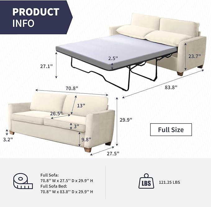 ZAFLY 70 Pull Out Sofa Bed Convertible Sleeper Sofa with Memory Foam Mattress Velvet Modern Couch Bed for Home Apartment Easy Assembly - Beige
