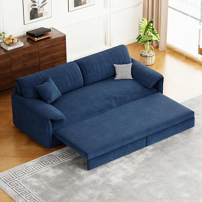 66 Queen Pull Out Couch BedVelvet 3-in-1 Queen-Size Sleeper SofaConvertible Pull-Out Sofa Bed with Side PocketsSleeper Loveseat for Living RoomApartment Offices (Blue)