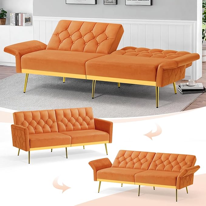 Velvet Sofa Bed w/Adjustable Armrests and Backrests Modern Convertible Sleeper Sofa Tufted Futon Sofa for Bedroom Living Room Apartment Orange