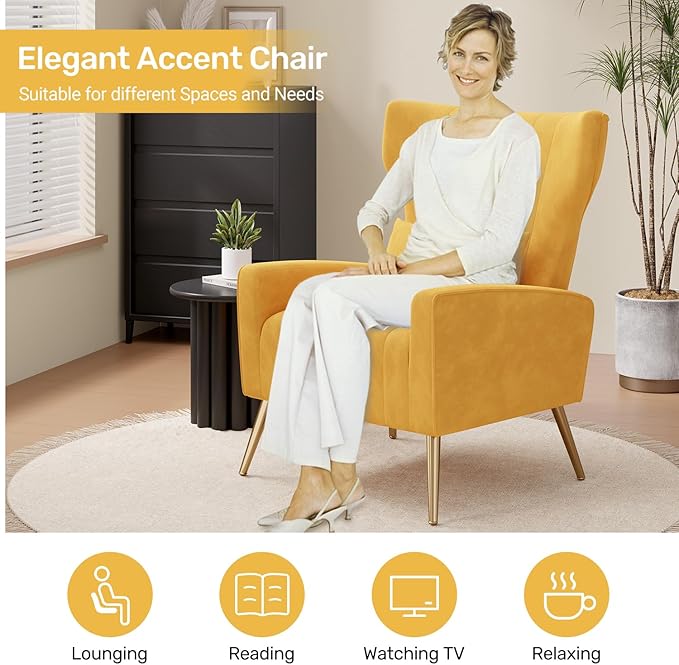 Velvet Accent Chair Set of 2Wingback for Living Room High Back Arm Chair with Golden Legs Lumbar Pillow Upholstered Single Sofa Bedroom Yellow