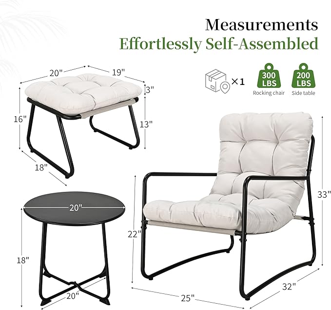 3 Piece Accent Chair Set Modern Lounge Accent Chair with Ottoman &amp Side Table Living Room Chair Set with Armrest Reading Armchair with Soft Cushion for Bedroom Balcony Reading Room White