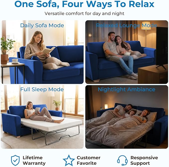 Mjkone 71 Width Full Size Pull Out Sofa Bed Sleeper Couch with Pillows and Folding Mattress 2 in 1 Velvet Loveseat Sleeper Sofa with Pull Out Couch Beds for Home Living Room Small Spaces Blue