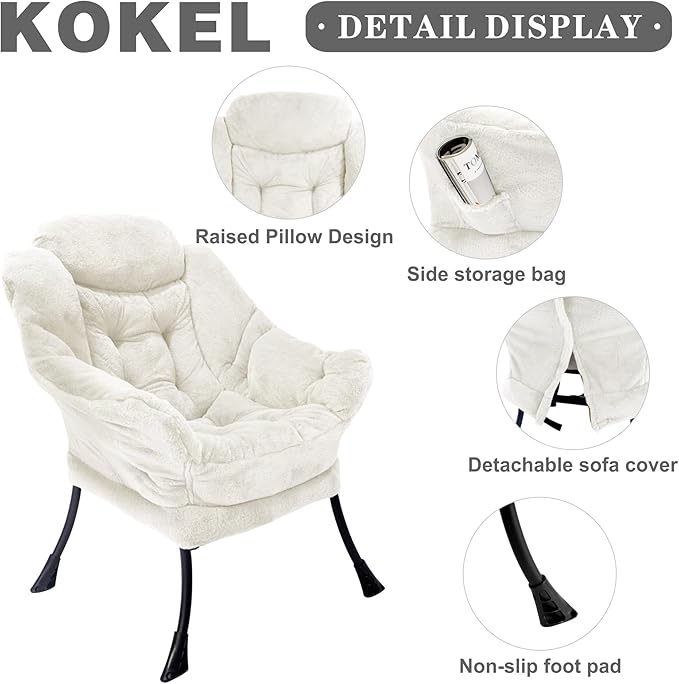 Kokel Lazy Chair with Folding OttomanLiving Room Chairs Accent Contemporary Lounge Chair Single Steel Frame Leisure Sofa Chair with Armrests and A Side Pocket (TM3WHITE)
