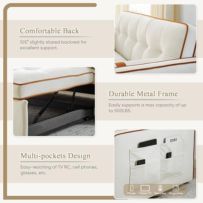 3 in 1 Sleeper Sofa Couch Bed Small Tufted Velvet Convertible Loveseat Futon Sofa w/Pullout Bed Adjustable Backrest Cylinder Pillows for Living Room Apartment Easy to Assemble Beige 55.5