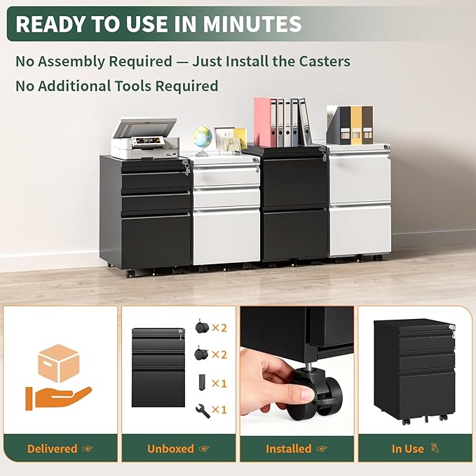 3 Drawer File Cabinet with LockUnder Desk Rolling Small Filing Cabinet for Home Office StorageMobile Steel Cabinets with WheelsFully AssembledBlack